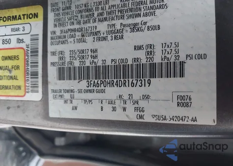 2013 Ford Fusion Se from USA, damaged, VIN 3FA6P0HR4DR167319